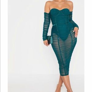 Teal mesh off shoulder midi dress